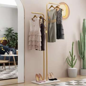 TIEOU Double-pole Metal Coat Rack, Gold Coat Rack Freestanding with 5 Hooks and Marble Base, Gold Clothing Rack, Modern Coat Hanger Stand for Entryway, Living Room, Bedroom