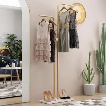 TIEOU Double-pole Metal Coat Rack, Gold Coat Rack Freestanding with 5 Hooks and Marble Base, Gold Clothing Rack, Modern Coat Hanger Stand for Entryway, Living Room, Bedroom