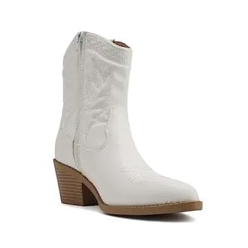 Soda Picotee Women Western Cowboy Cowgirl Stitched Ankle Boots (White PU, us_footwear_size_system, adult, women, numeric, medium, numeric_8)