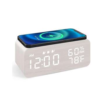 JALL Wooden Digital Alarm Clock with Wireless Charging, Dimmable, Adjustable Volume, 3 Alarms, Weekd...