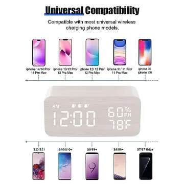 JALL Wooden Digital Alarm Clock with Wireless Charging, Dimmable, Adjustable Volume, 3 Alarms, Weekday/Weekend Mode, Snooze, Digital Clock for Bedroom, Bedside, Office, Ideal for Gift, White