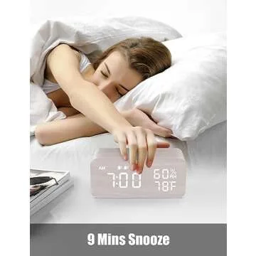 JALL Wooden Digital Alarm Clock with Wireless Charging, Dimmable, Adjustable Volume, 3 Alarms, Weekday/Weekend Mode, Snooze, Digital Clock for Bedroom, Bedside, Office, Ideal for Gift, White