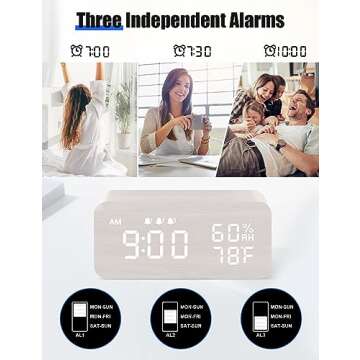JALL Wooden Digital Alarm Clock with Wireless Charging, Dimmable, Adjustable Volume, 3 Alarms, Weekday/Weekend Mode, Snooze, Digital Clock for Bedroom, Bedside, Office, Ideal for Gift, White