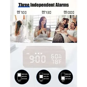 JALL Wooden Digital Alarm Clock with Wireless Charging, Dimmable, Adjustable Volume, 3 Alarms, Weekday/Weekend Mode, Snooze, Digital Clock for Bedroom, Bedside, Office, Ideal for Gift, White