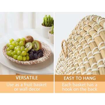 MY BOHO BABE Set of 3 Handmade Woven Seagrass Wall Baskets, Boho Decor, Multi-Purpose, Lightweight, Easy to Hang, Trendy