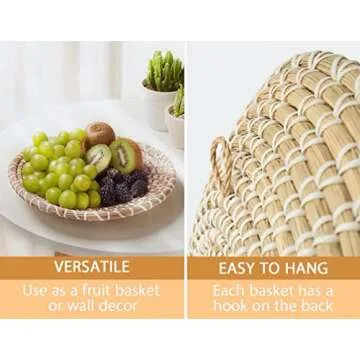 MY BOHO BABE Set of 3 Handmade Woven Seagrass Wall Baskets, Boho Decor, Multi-Purpose, Lightweight, Easy to Hang, Trendy