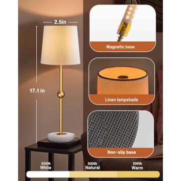 BRASSLISM Cordless Table Lamp, Built-in Rechargeable Battery Patio Table Lamp, Touch Dimmable LED Be...