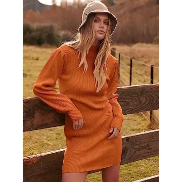 ANRABESS Women Long Sleeve Turtle Mock Neck Rib Knit Stretch Slim Fitted Bodycon Sweater Mini Short Dress 2024 Fall Outfits Rust Orange Large