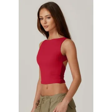 QINSEN Summer Cropped Tops for Women High Neck Open Back Crop Tank Slim Fit Tee Shirt Fairy Red S