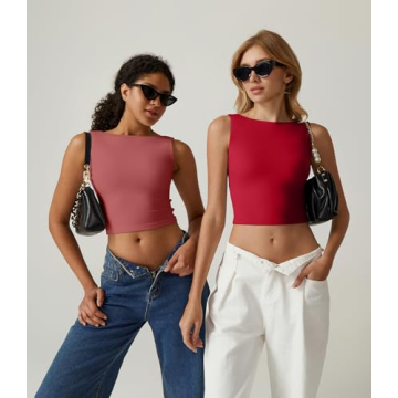 QINSEN Summer Cropped Tops for Women High Neck Open Back Crop Tank Slim Fit Tee Shirt Fairy Red S