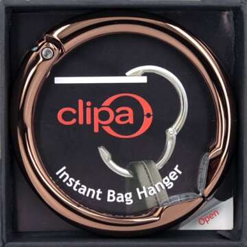 Clipa Bag Hanger - Polished Copper PVD - The Ring That Opens Into a Hook and Hangs in Just 1/2" of Space, Holds 33 lbs., 3 yr. Warranty