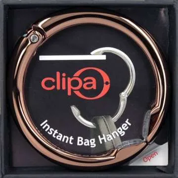 Clipa Bag Hanger - Polished Copper PVD - The Ring That Opens Into a Hook and Hangs in Just 1/2" of Space, Holds 33 lbs., 3 yr. Warranty