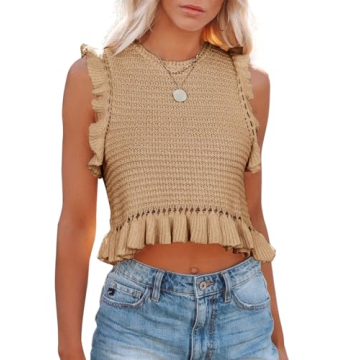 PiePieBuy Women's Summer Knit Tank Tops Crew Neck Sleeveless Cami Shirts Tees Ruffle Sweater Vest Kh...