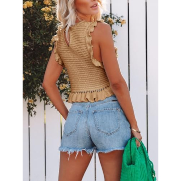 PiePieBuy Women's Summer Knit Tank Tops Crew Neck Sleeveless Cami Shirts Tees Ruffle Sweater Vest Khaki