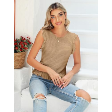 PiePieBuy Women's Summer Knit Tank Tops Crew Neck Sleeveless Cami Shirts Tees Ruffle Sweater Vest Khaki