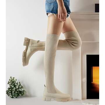 Shoe'N Tale Thigh High Knit Sock Boots Round Toe Mid Chunky Heel Stretch Over the Knee Boots for Wom...