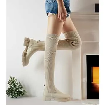 Shoe'N Tale Thigh High Knit Sock Boots Round Toe Mid Chunky Heel Stretch Over the Knee Boots for Wom...