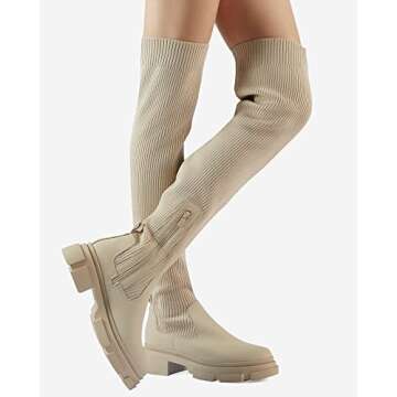Shoe'N Tale Thigh High Knit Sock Boots Round Toe Mid Chunky Heel Stretch Over the Knee Boots for Women(9,Beige)