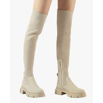 Shoe'N Tale Thigh High Knit Sock Boots Round Toe Mid Chunky Heel Stretch Over the Knee Boots for Women(9,Beige)