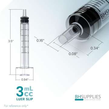 BH Supplies 3ml Luer Slip Tip Syringe - (No Needle) - Sterile, Individually Wrapped - 100 Syringes