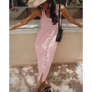 NOLLSOM Women Wedding Guest Dress Casual Sleeveless Striped Sundress Summer Holiday Dresses Vacation(Pink,Small)