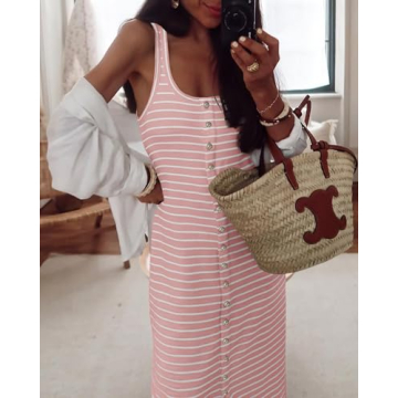 NOLLSOM Women Wedding Guest Dress Casual Sleeveless Striped Sundress Summer Holiday Dresses Vacation(Pink,Small)
