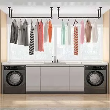 IBUYKE Industrial Pipe Clothes Rack Set of 2, 50 Inch Wall Mounted Clothing Rack, Space-Saving Hanging Closet Rod, Heavy Duty Multi-Purpose Garment Rack for Laundry Room(4 Bases), Black TYJ002H-2