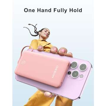 miisso 10000mAh Slim Portable Charger with Built in Cable, Power Bank Travel Charger External Battery Pack for Phone, 4 Output USB Type C Cord Clutch Charger Compatible with iPhone, Pink