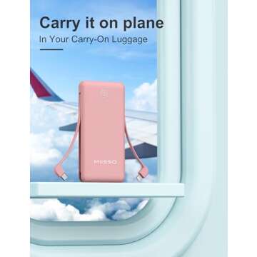 miisso 10000mAh Slim Portable Charger with Built in Cable, Power Bank Travel Charger External Battery Pack for Phone, 4 Output USB Type C Cord Clutch Charger Compatible with iPhone, Pink