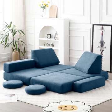 hooxnome Kids Couchs Modular Folding Floor Sofa for Kids 8pcs, Toddler Playroom Convertible Couch Play Sofa for Boys & Girls, Kids Imaginative Creative Climbing Play Couch (Blue)