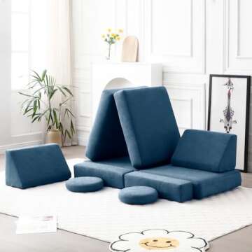 hooxnome Kids Couchs Modular Folding Floor Sofa for Kids 8pcs, Toddler Playroom Convertible Couch Play Sofa for Boys & Girls, Kids Imaginative Creative Climbing Play Couch (Blue)