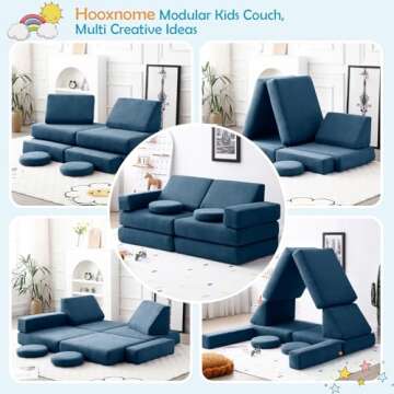 hooxnome Kids Couchs Modular Folding Floor Sofa for Kids 8pcs, Toddler Playroom Convertible Couch Play Sofa for Boys & Girls, Kids Imaginative Creative Climbing Play Couch (Blue)