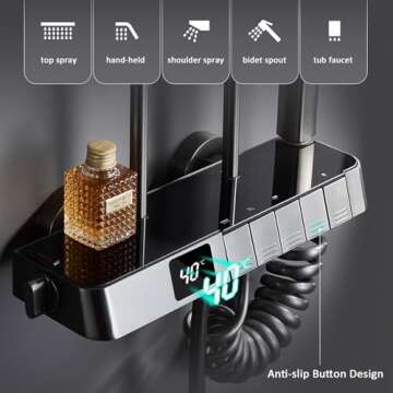 Thermostatic Shower System Digital Display Shower Faucet Set Wall Mount Piano Keys Rain Shower Combo Set with Handheld, 12" Shower Head, Shoulder Spray, 2 in 1 Bidet Spray, Tub Spout (Gray)