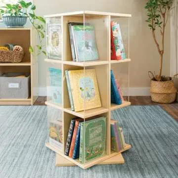 Guidecraft EdQ Kids Rotating Bookshelf: Natural Wood Revolving Bookcase - 360 Degree Spinning Book S...
