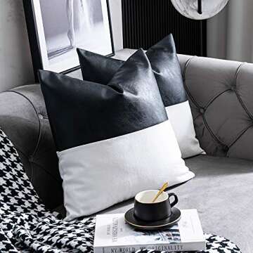 DEZENE Faux Leather with 100% Cotton Decorative Throw Pillow Covers for Couch Bed Sofa, Set of 2 18 ...