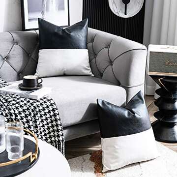 DEZENE Faux Leather with 100% Cotton Decorative Throw Pillow Covers for Couch Bed Sofa, Set of 2 18 x 18 inch Modern Home Decor Accent Square Bedroom Living Room Cushion Cases Cognac, Black and White