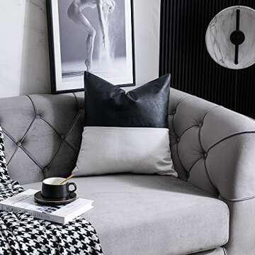 DEZENE Faux Leather with 100% Cotton Decorative Throw Pillow Covers for Couch Bed Sofa, Set of 2 18 x 18 inch Modern Home Decor Accent Square Bedroom Living Room Cushion Cases Cognac, Black and White