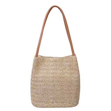 Aphoraeny Straw Beach Bag Buckets Totes Handbag Shoulder Bag Tote Bag Women Summer Handbag (Dark Bei...