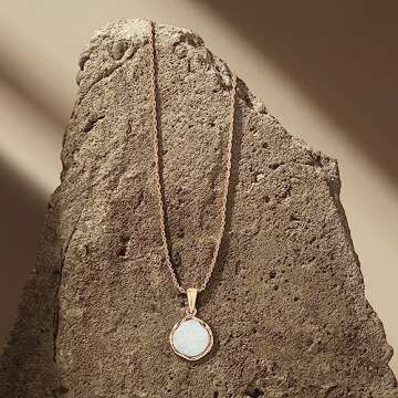 14K Gold Plated White Opal Necklace - 14K Gold Plated over 925 Sterling Silver, Dainty 12mm White Opal Gemstone Pendant, October Birthstone, Handmade Vintage Antique Jewelry for Classy Women