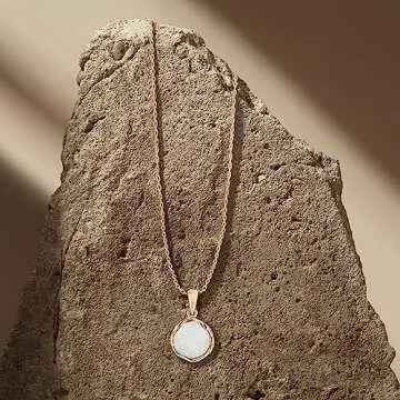 14K Gold Plated White Opal Necklace - 14K Gold Plated over 925 Sterling Silver, Dainty 12mm White Opal Gemstone Pendant, October Birthstone, Handmade Vintage Antique Jewelry for Classy Women