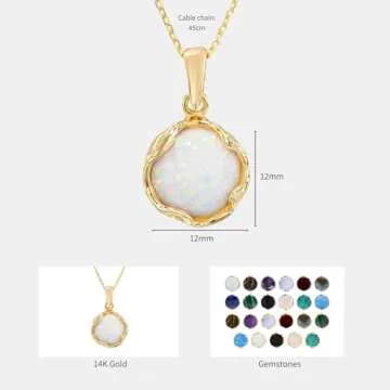 14K Gold Plated White Opal Necklace - 14K Gold Plated over 925 Sterling Silver, Dainty 12mm White Opal Gemstone Pendant, October Birthstone, Handmade Vintage Antique Jewelry for Classy Women