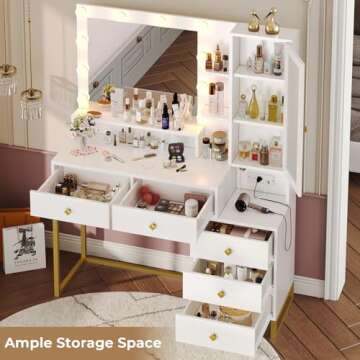 Tiptiper Makeup Vanity with Lights & Charging Station, Large Vanity Desk with Mirror and Lights, Makeup Table with 5 Drawers & Shelves, White and Gold