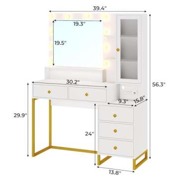 Tiptiper Makeup Vanity with Lights & Charging Station, Large Vanity Desk with Mirror and Lights, Makeup Table with 5 Drawers & Shelves, White and Gold