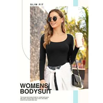 DILIUXING Scoop Neck Long Sleeve Slim Fit Comfortable Casual Sexy Bodysuit Jumpsuits, Black, Large