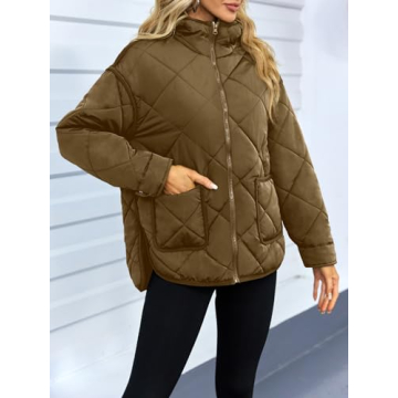 Dyexces Womens Quilted Puffer Jacket Hooded Long Sleeve Zip Up Winter Coat Lightweight Warm Jackets with Pockets