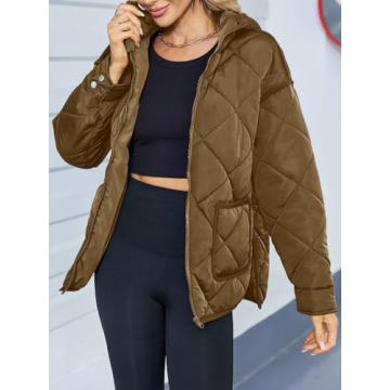 Dyexces Womens Quilted Puffer Jacket Hooded Long Sleeve Zip Up Winter Coat Lightweight Warm Jackets with Pockets