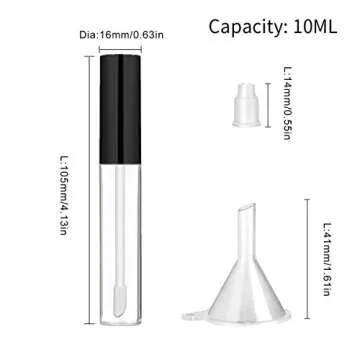 GTHER 10PCS 10ML Empty Lip Gloss Containers Tube with Wand, Refillable Lip Balm Bottles, Lipstick Sample Container and Funnel and Rubber Stoppers for Girls DIY Lip Samples, Black Top