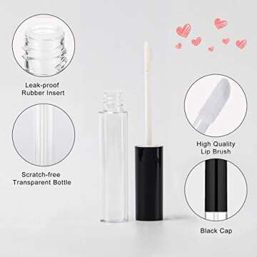 GTHER 10PCS 10ML Empty Lip Gloss Containers Tube with Wand, Refillable Lip Balm Bottles, Lipstick Sample Container and Funnel and Rubber Stoppers for Girls DIY Lip Samples, Black Top