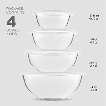 FineDine Superior Glass Mixing Bowls with Lids - 8-Piece Set with BPA-Free lids, Space-Saving Nestin...