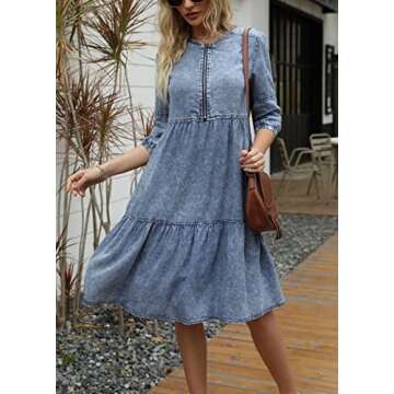 chouyatou Women's Vintage Washed Loose Fit 3/4 Sleeve Tiered Babydoll Mini Denim Jean Dress (Small, Blue)